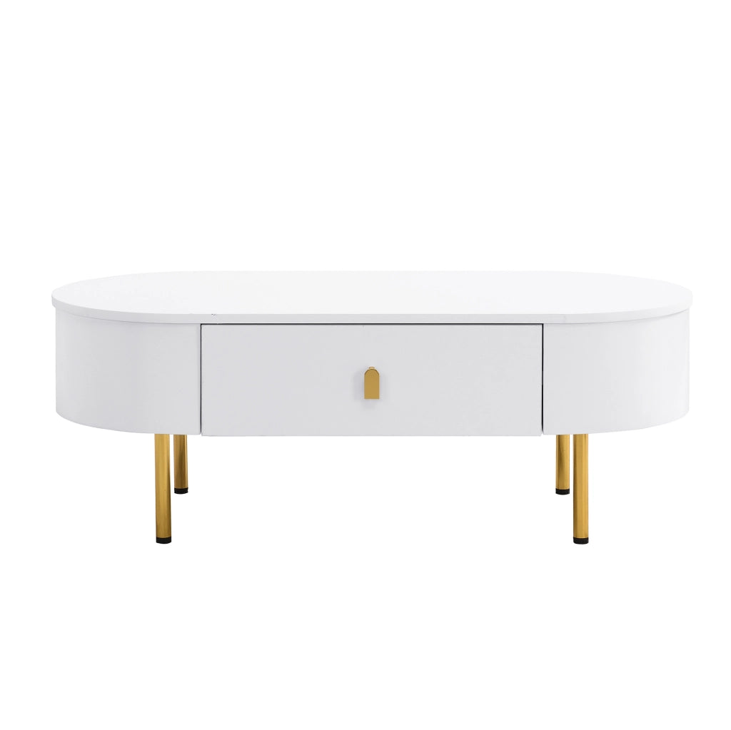 Tavolino da salotto 108x50x40 cm con 2 cassetti; MDF bianco e oro