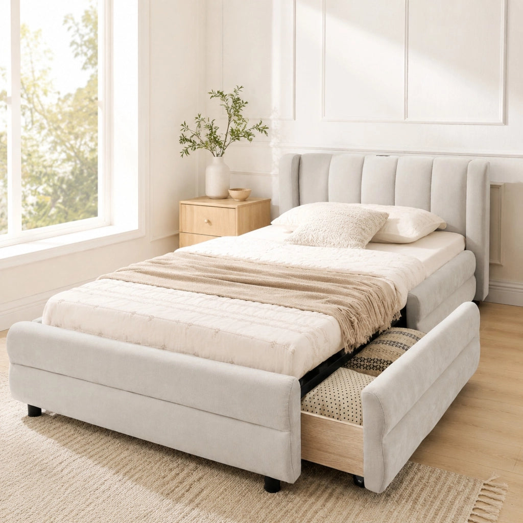DESMIU Letto singolo 90 × 200 cm con 2 cassetti contenitore, USB e Type-C, senza materasso, in ciniglia beige