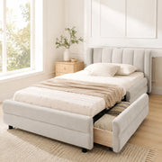 DESMIU Letto singolo 90 × 200 cm con 2 cassetti contenitore, USB e Type-C, senza materasso, in ciniglia beige