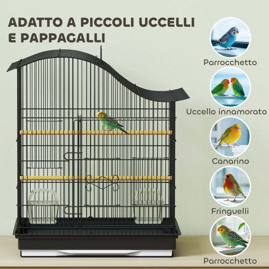 Gabbia per Uccelli a 4 Porte con 2 Ciotole, 2 Posatoi e Vassoio, in Metallo e Plastica, 47.5x36x54.5 cm, Nero