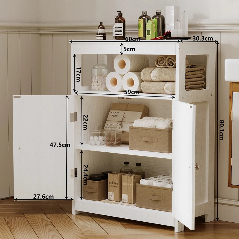 Mobiletto da bagno autoportante con ripiano e ante, stile loft scandinavo, bianco