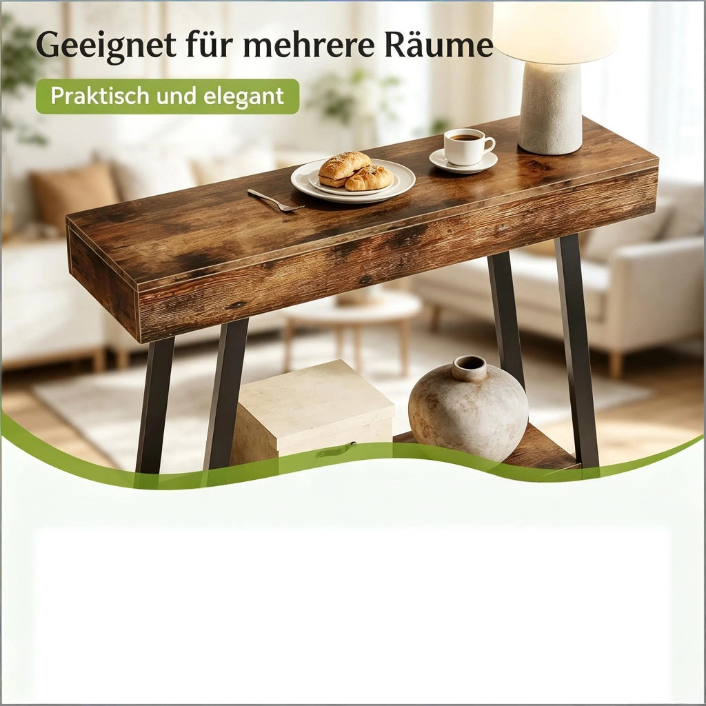 Tavolino basso rettangolare con 2 ripiani, stile vintage industriale, per soggiorno e ingresso, in MDF e metallo, nero