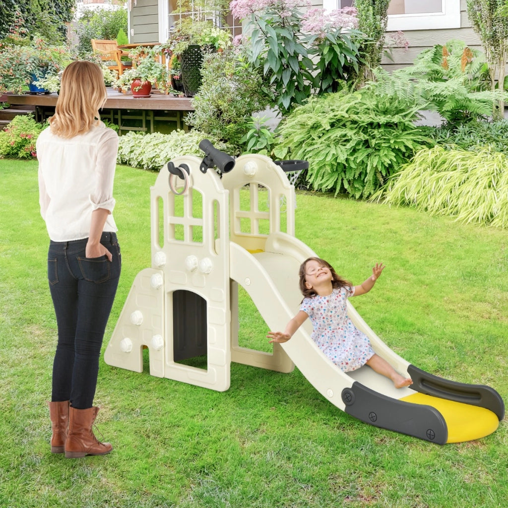Scivolo grande per bambini 6 in 1 con canestro palla lancio dell'anello e cannocchiale, Set da gioco Giallo-Arrampicate e scivoli