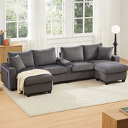 Divano a U in velluto a coste con 2 pouf contenitore; LED; USB e Type-C; grigio 334x128;5x81 cm