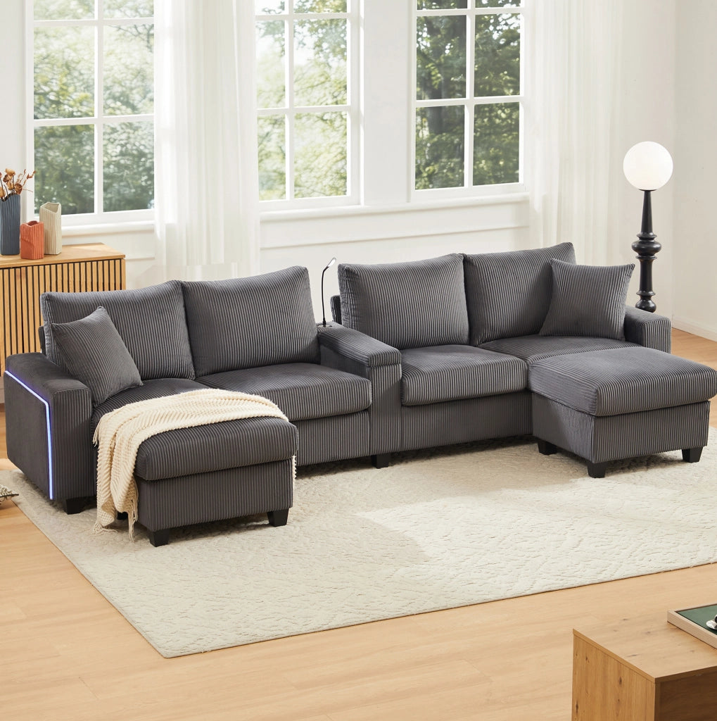 Divano a U in velluto a coste con 2 pouf contenitore; LED; USB e Type-C; grigio 334x128;5x81 cm