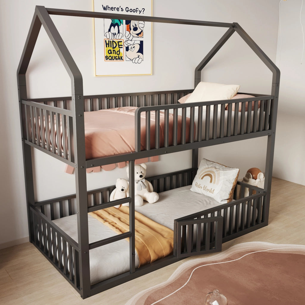 Letto a castello 90x200 cm con struttura a casetta e scala in metallo nero