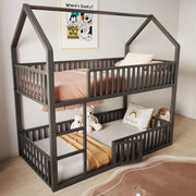 Letto a castello 90x200 cm con struttura a casetta e scala in metallo nero