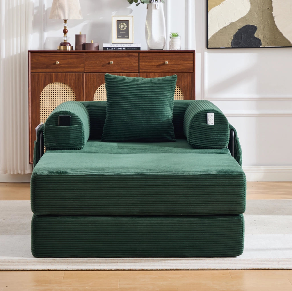 Divano modulare 190x112x67 cm verde, tasca laterale, velluto a coste