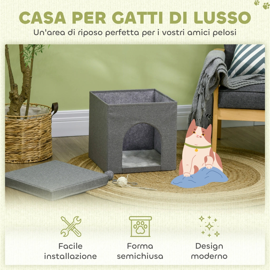 Cuccia per Gatti Pieghevole a Cubo con Cuscino e Tiragraffi 36.5x36.5x36.5 cm Grigio