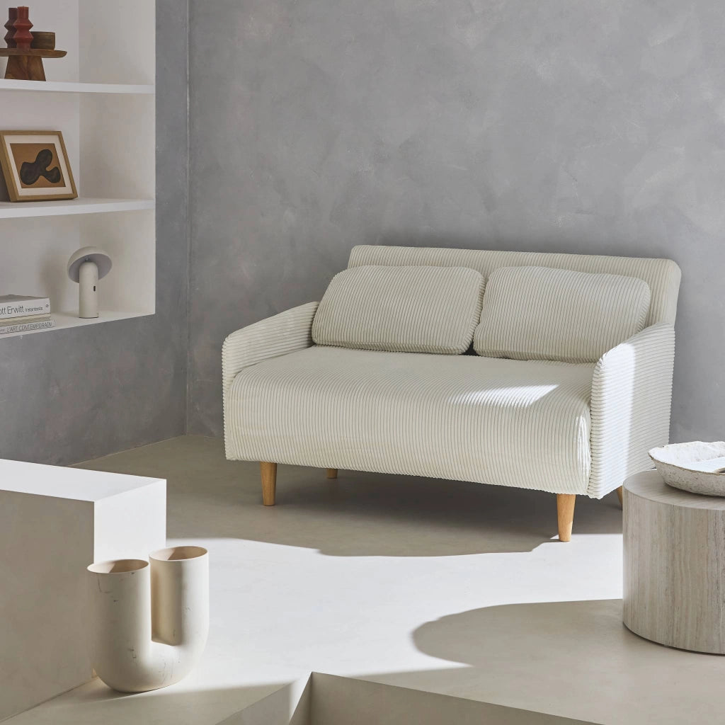 Divano letto in velluto a coste con gambe in legno, 2 posti, bianco
