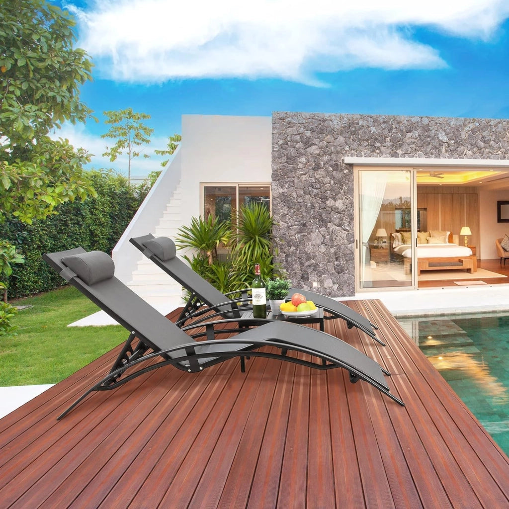 Set 2 Lettino da Giardino Alluminio, Lettino Prendisole, con Tavolo e Cuscino Poggiatesta, Resistente alle Intemperie, Regolabile Sdraio da Giardino, Spiaggia, Piscine, balcone, Grigio, 2 PCS