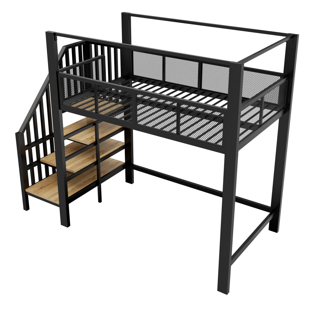Letto a soppalco 90x200 cm con scala e baldacchino in metallo nero