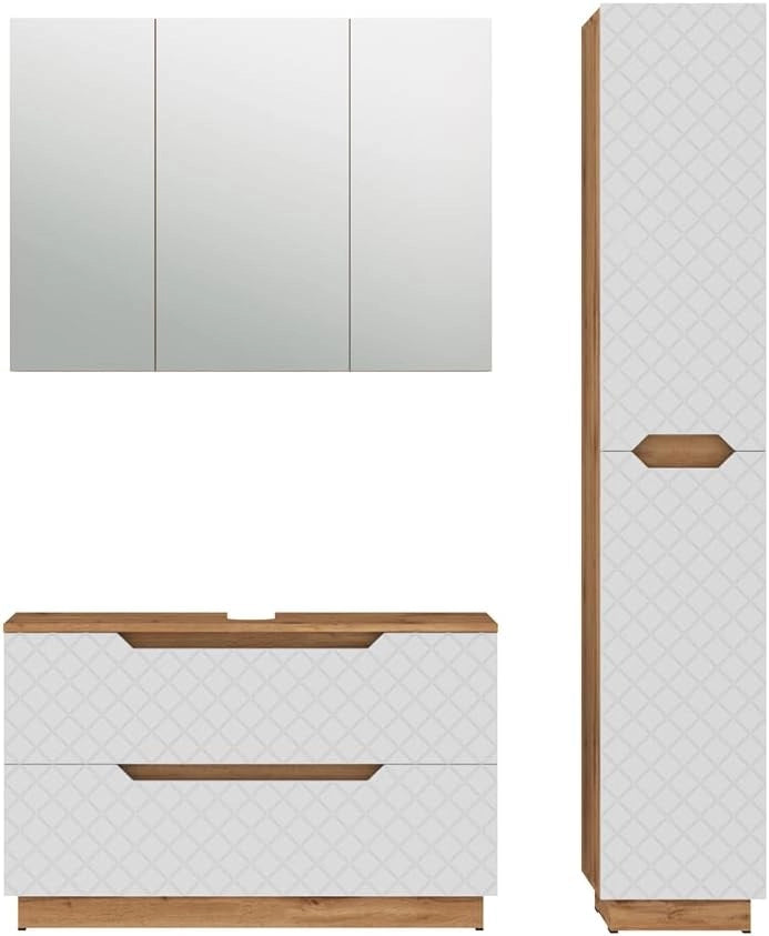 Set di mobili da bagno Lotta, Rovere/bianco con struttura in piastrelle, 3 parti