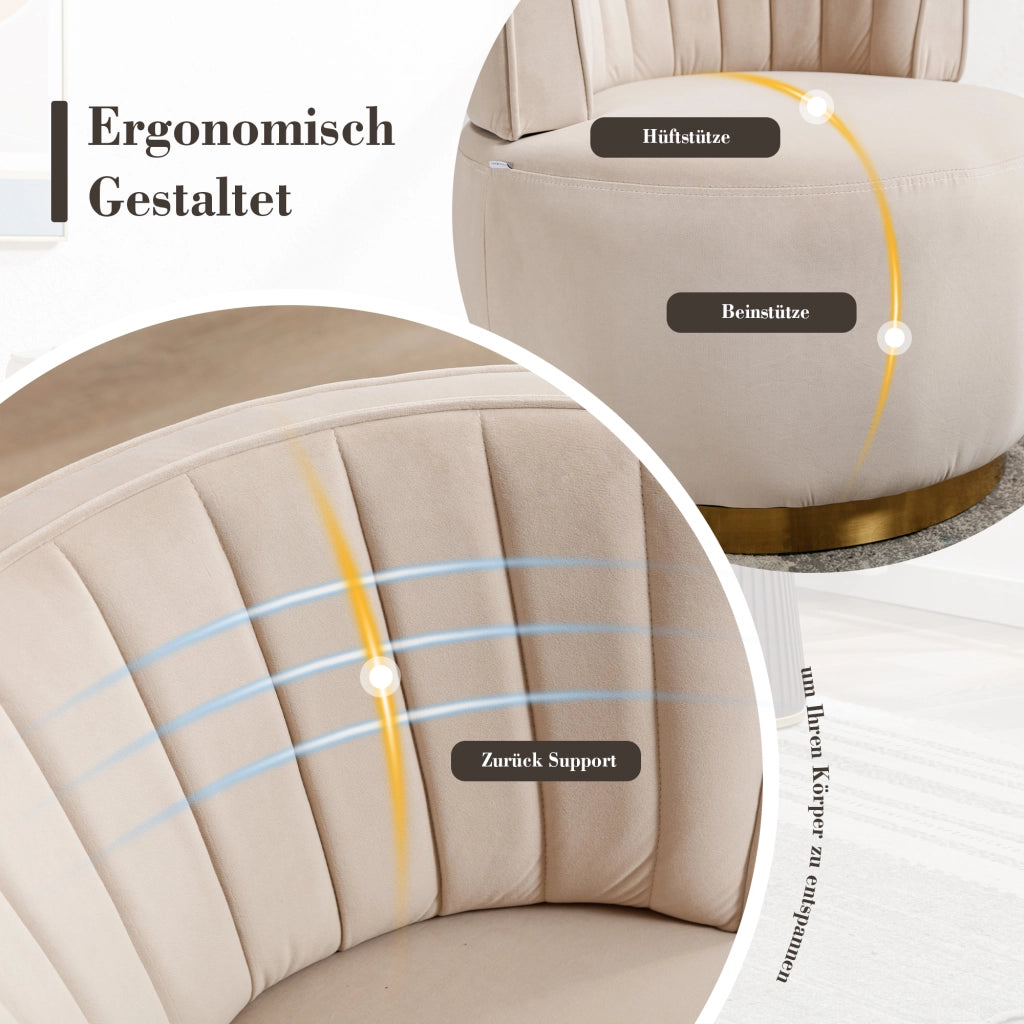 Fauteuil girevole in velluto con seduta imbottita e schienale ergonomico, base in legno e metallo beige