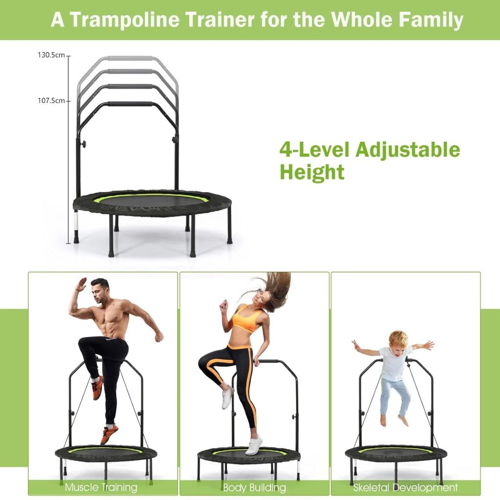Trampolino Fitness Ø101 cm con Carico di 150 kg, Trampolino Elastico con 2 Fasce di Resistenza e Manico Regolabile in 4 Livelli, Mini Trampolino di Rimbalzo Pieghevole per Adulti e Bambini