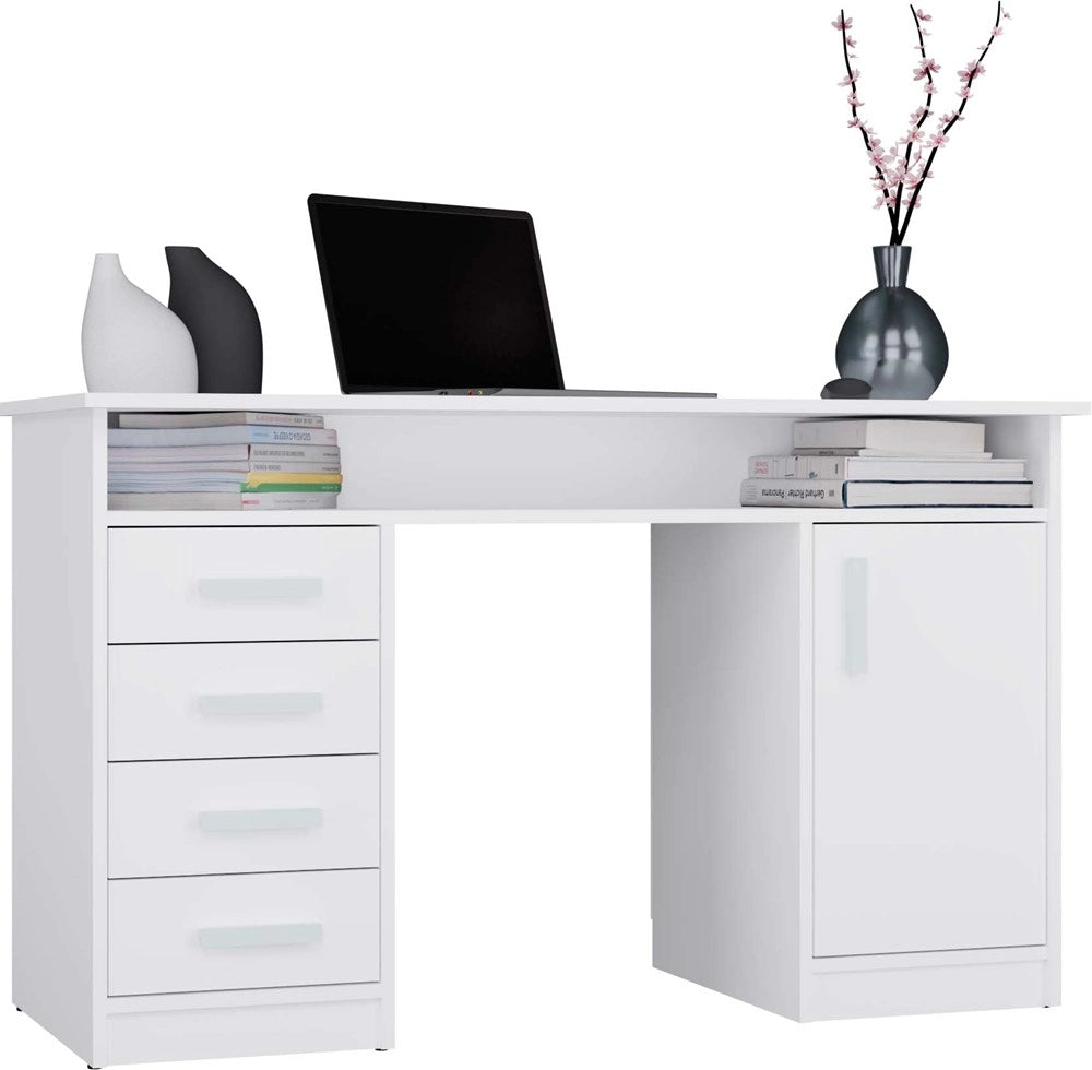 Scrivania ADA bianco 125 cm 4 cassetti mobile con ripiani per ufficio camera e laptop