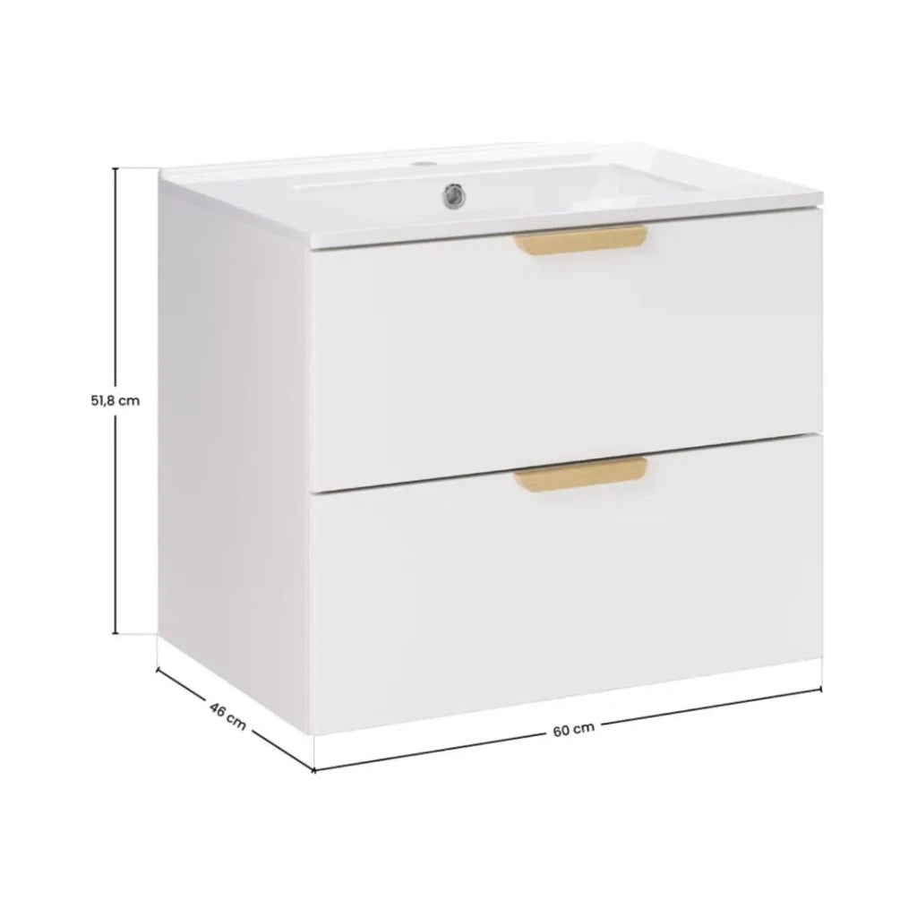 Set bagno sospeso OSTER 60cm: mobile sottolavabo con cassetti bianchi + lavabo incassato bianco
