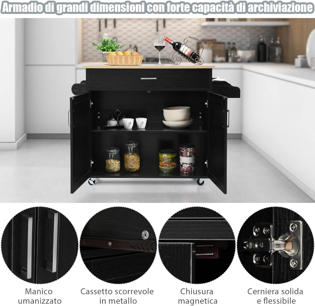Carrello da Cucina con Ruote di Gomma, Scaffale per Microonde Carrello Servizio, Mobile Cucina con Ripiani e Ante, Credenza Cucina Legno Moderno Elegante, 116 x 37 x 85 cm (Nero)
