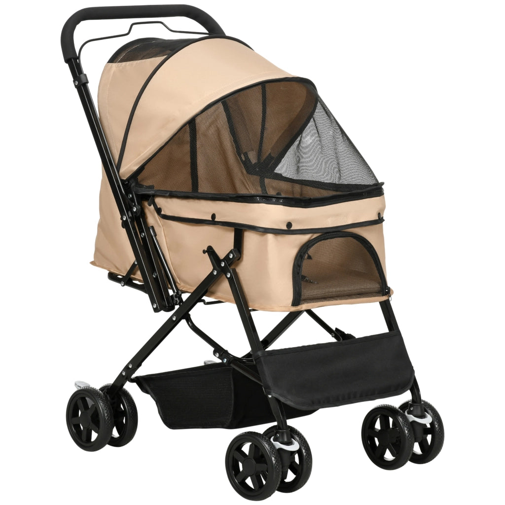 Carrello pieghevole con cesta ampia, finestre in mesh e freni posteriori, poliestere marrone 76,5 × 52 × 95 cm