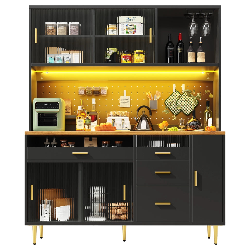 Hochschrank moderno con illuminazione LED e ante scorrevoli in vetro, 145×39×171 cm, nero