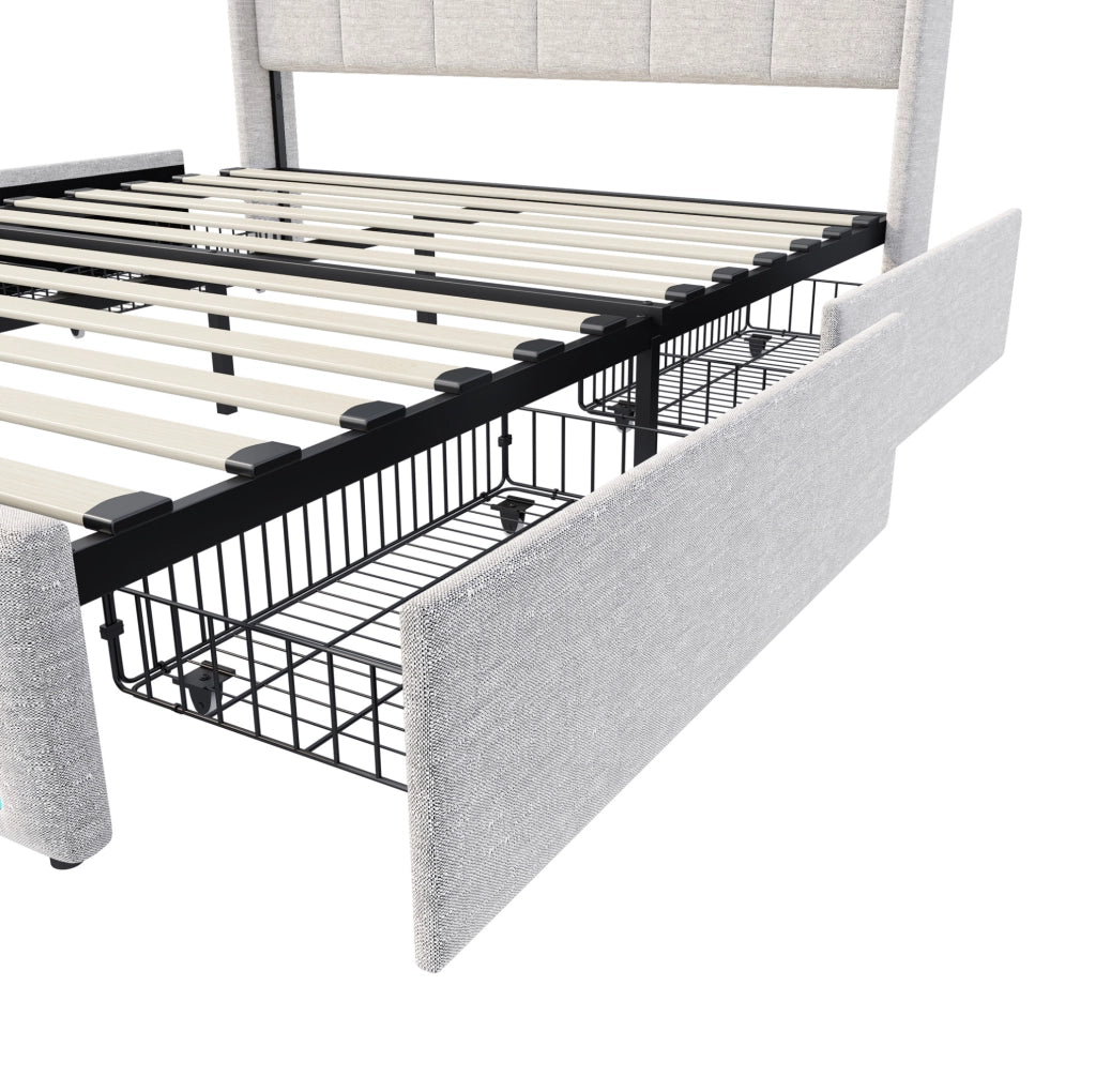 Letto con contenitori estraibili laterali e LED; legno massello e MDF; beige