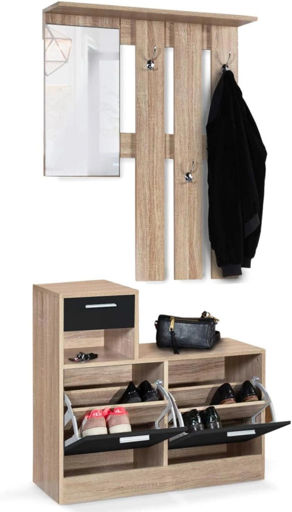Mobile da ingresso, appendiabiti con specchio, design in legno faggio e ante nero PAULIN