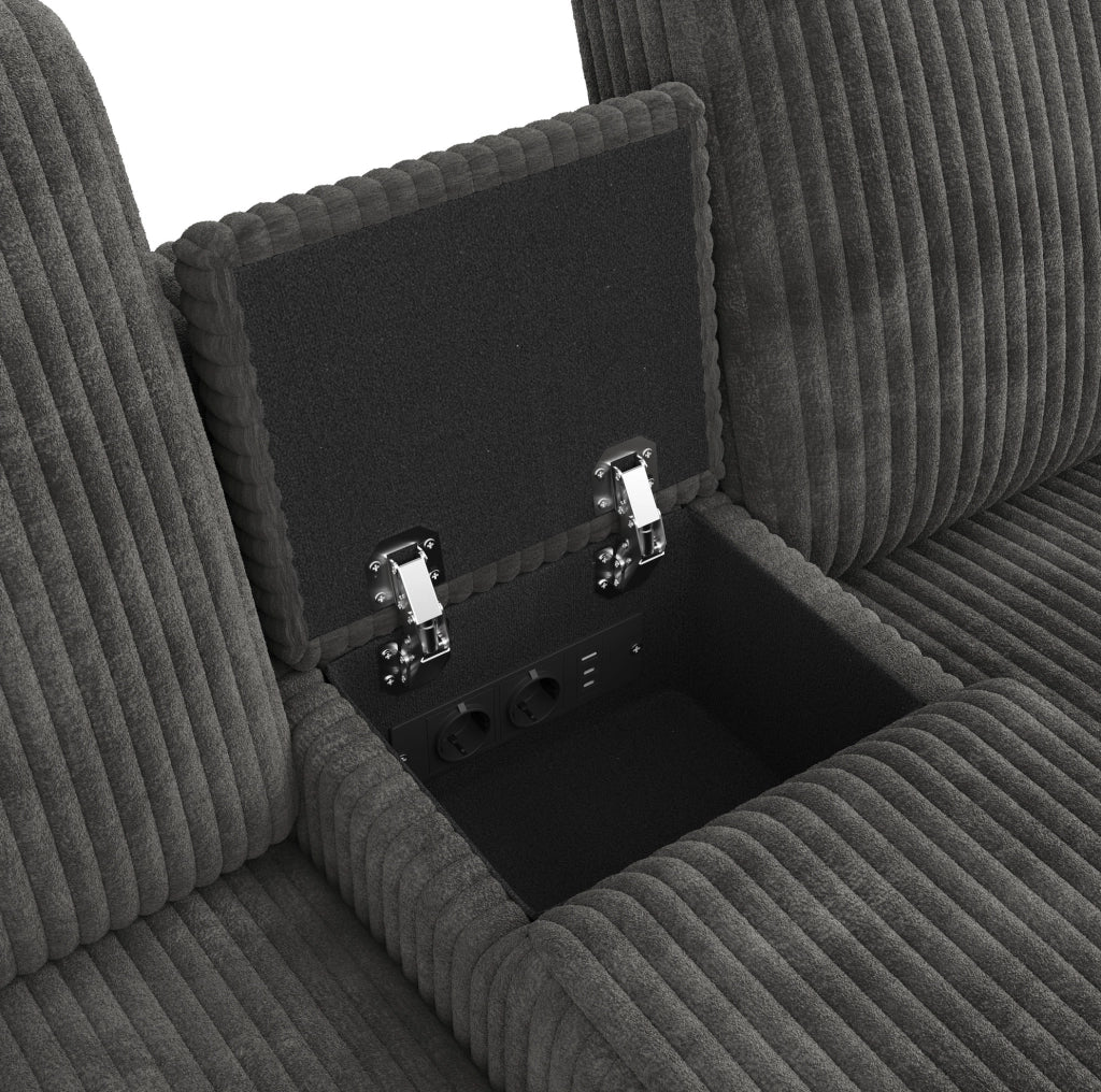 Divano a U in velluto a coste grigio con 2 pouf contenitore; tavolino e porte USB/Type-C