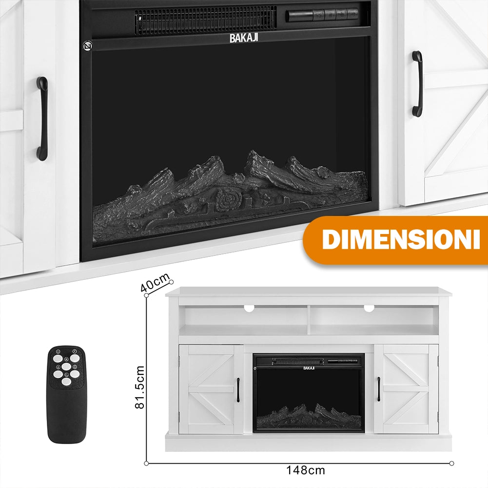 Mobile TV Bianco con Camino Elettrico Effetto Fiamma 3D e Telecomando Luci RGB