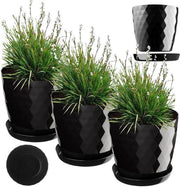 Set di vasi in plastica decorativi con sottopiano - 3 pezzi per piante da appartamento, fiori, cacti e piante grasse - 25 cm - nero