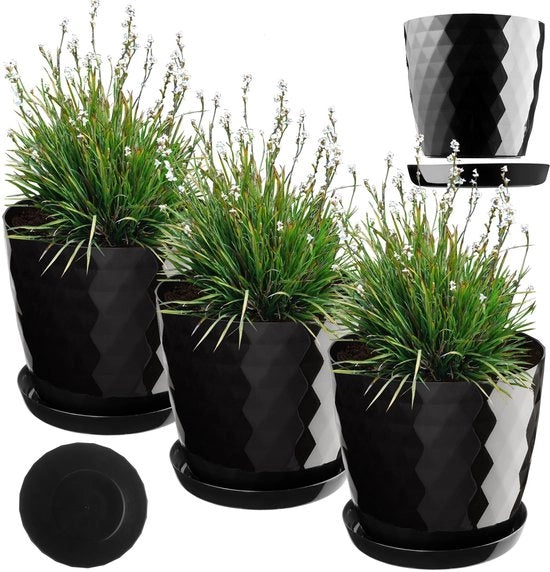 Set di vasi in plastica decorativi con sottopiano - 3 pezzi per piante da appartamento, fiori, cacti e piante grasse - 25 cm - nero