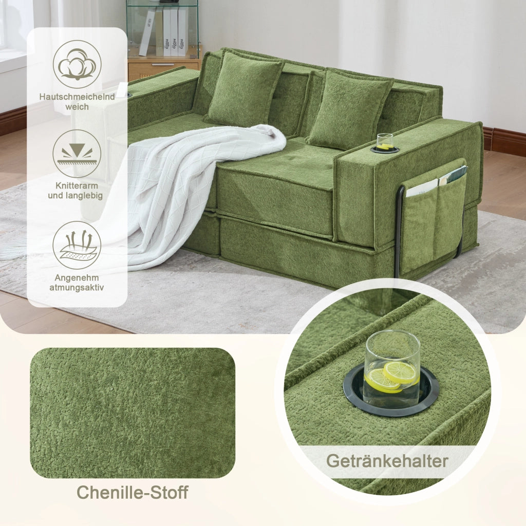 Pouf modulare con cuscini e tasche laterali per lettura e relax in ciniglia verde per salotto 162 × 78 × 66 cm