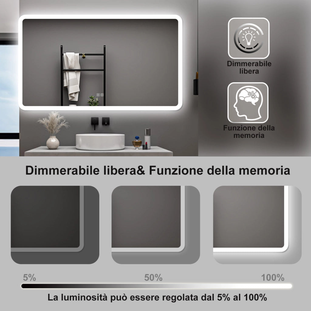 AICA Specchio da bagno  70 x 120 cm, dimmerabile, Blue tooth, Funzione Memoria, antiappannamento, 3 colori