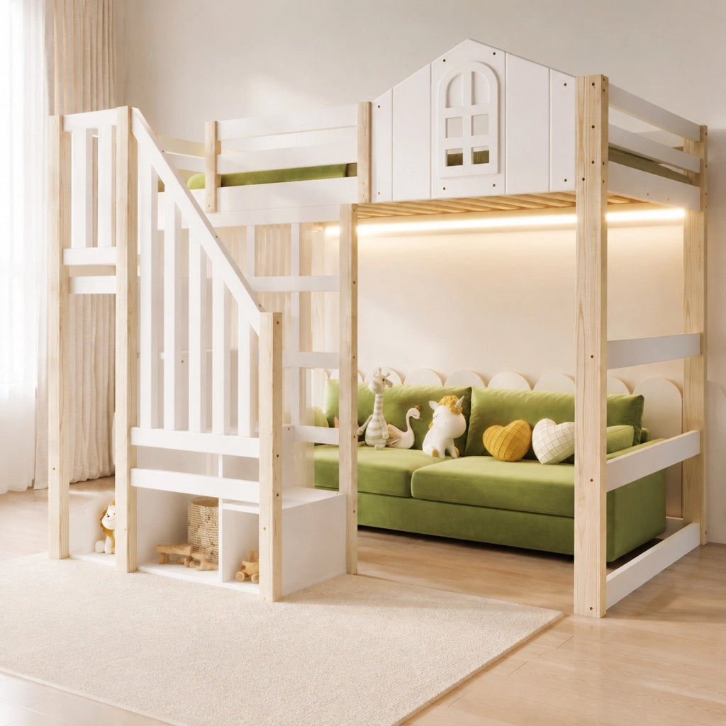 Letto a soppalco 140x200 cm con LED, scala contenitore