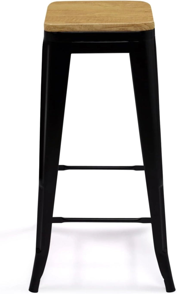 Set di 4 sgabelli da bar LENY in metallo nero opaco impilabili con sedile in legno