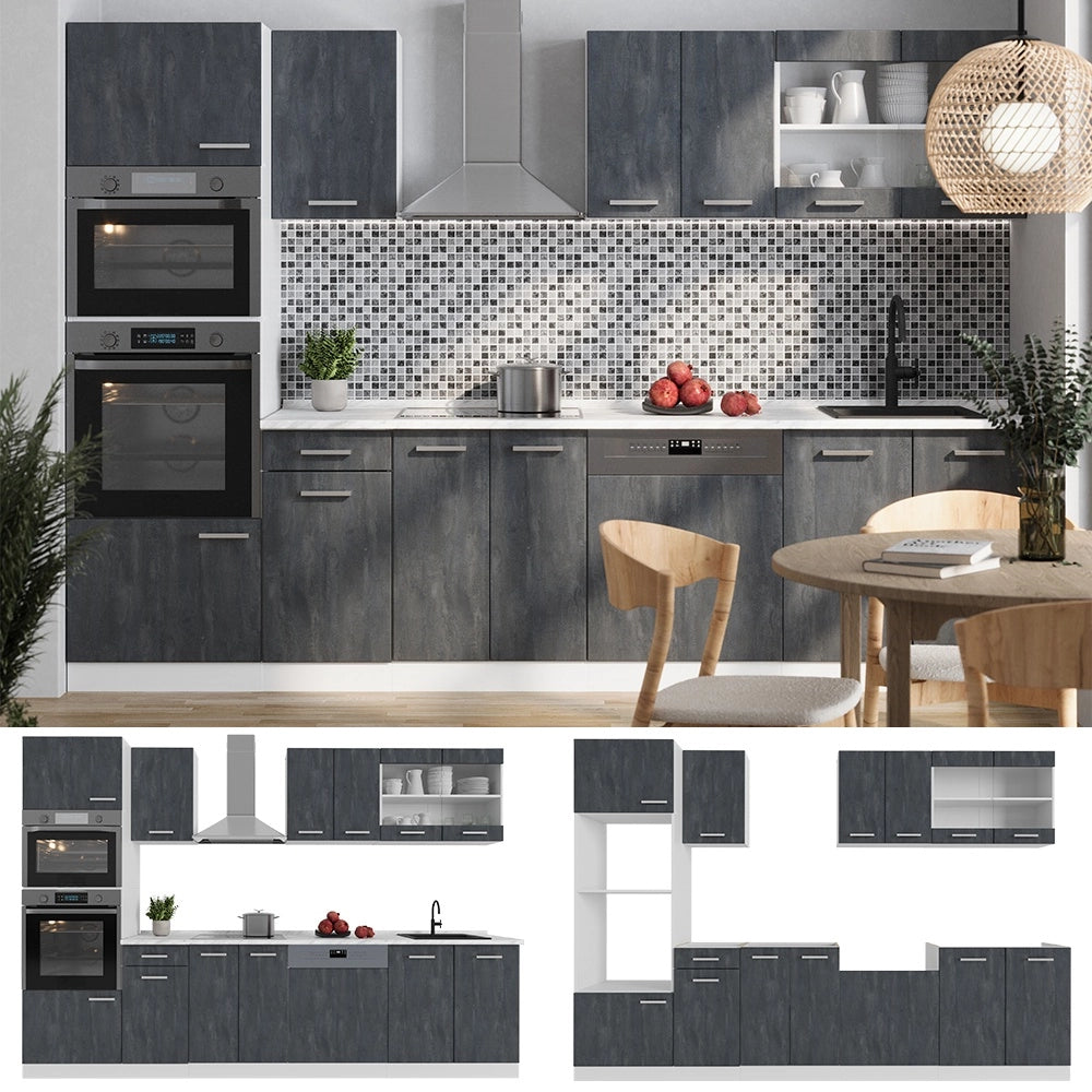 Cucina componibile R-Line Calce nera/Bianco 300 cm senza piano di lavoro Vicco