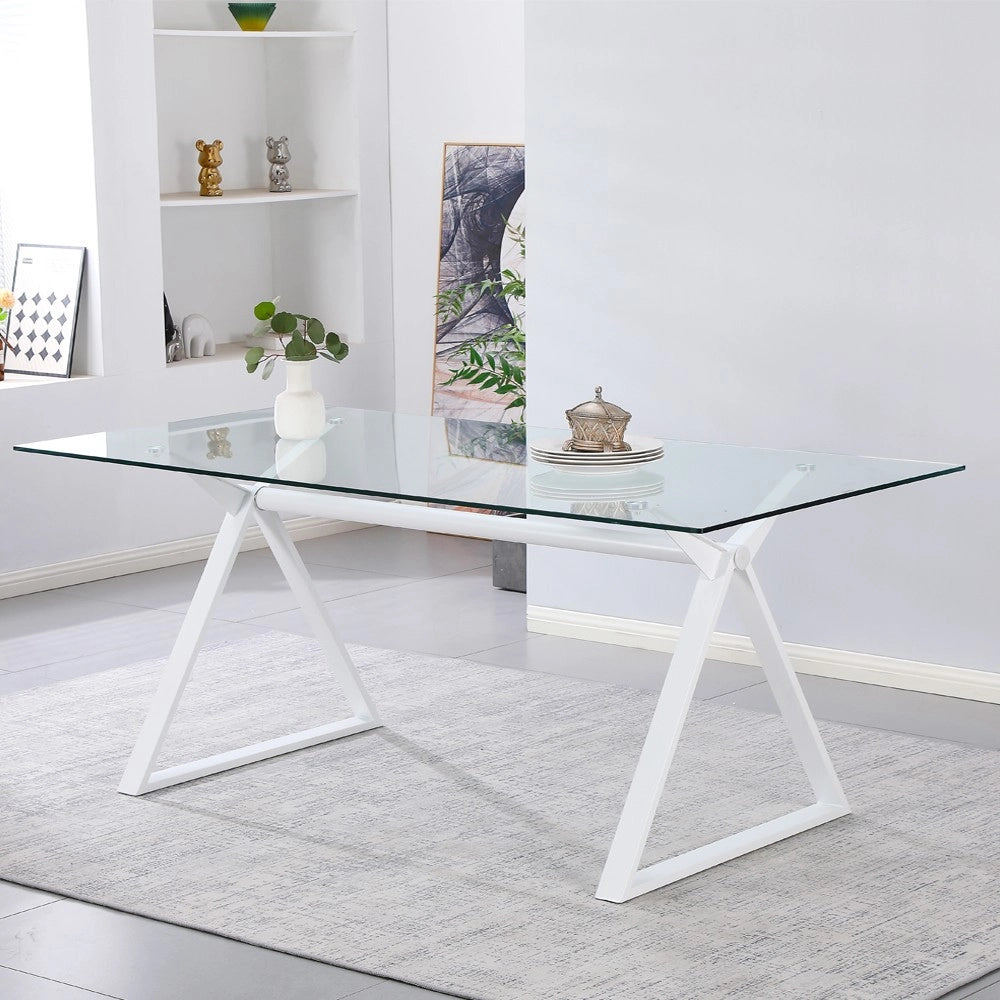 Tavolo da Pranzo Skylar 180×90 cm in Vetro Temperato con Gambe a Cavalletto bianco