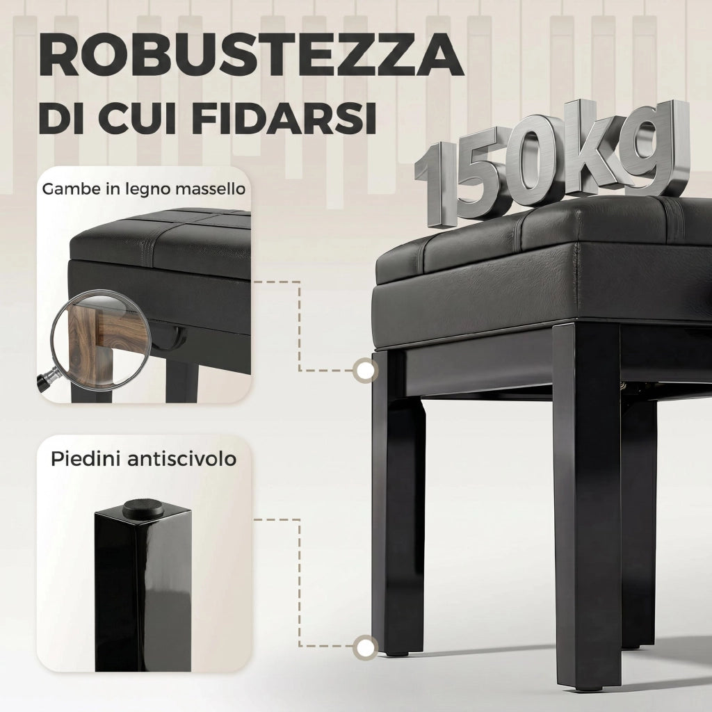 Sgabello per Pianoforte con Altezza Regolabile e Contenitore ¨C Xylo ¨C Legno e Similpelle Nero 63x35x46-56cm