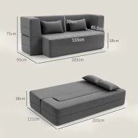 Divano letto 2 posti in schiuma, con braccioli larghi, 2 cuscini, portata 360 kg, Grigio