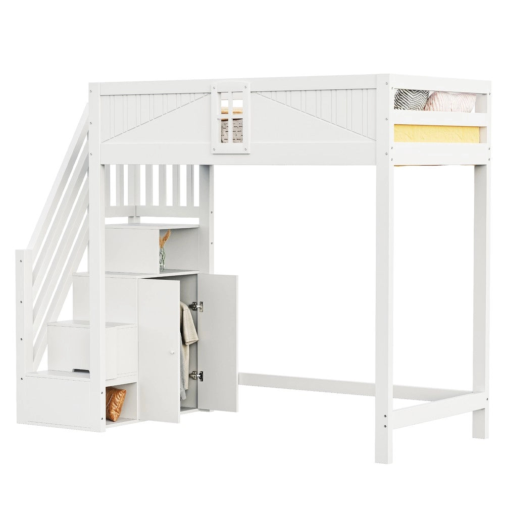 Letto a Soppalco in Legno Massello con Scaletta di Sicurezza ¨C MINIMAL ¨C 90x200 Bianco