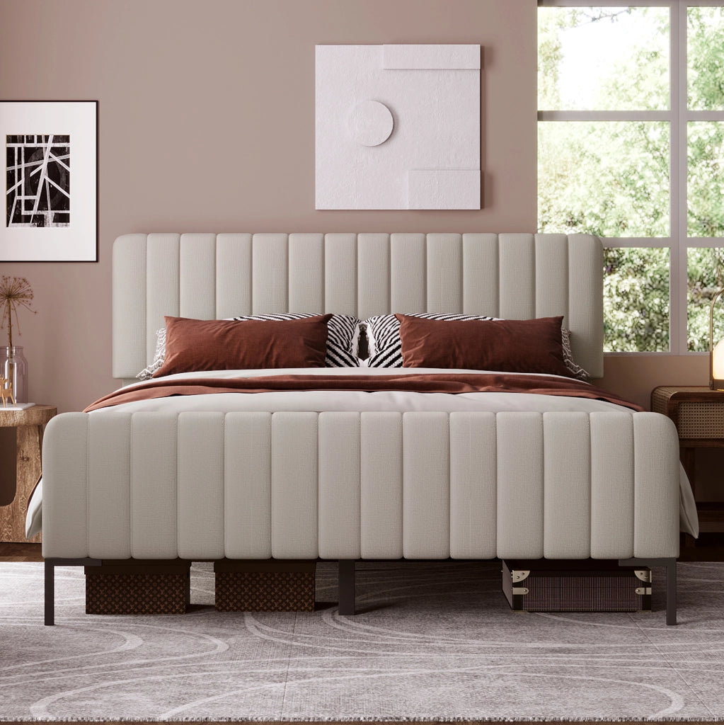 Letto matrimoniale 140x200 cm; testiera regolabile; lino; grigio-beige (Senza materasso)