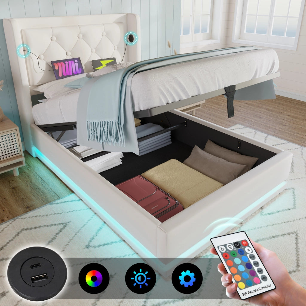 Letto singolo imbottito con contenitore 90x200 cm in PU bianco; LED e USB Type-C