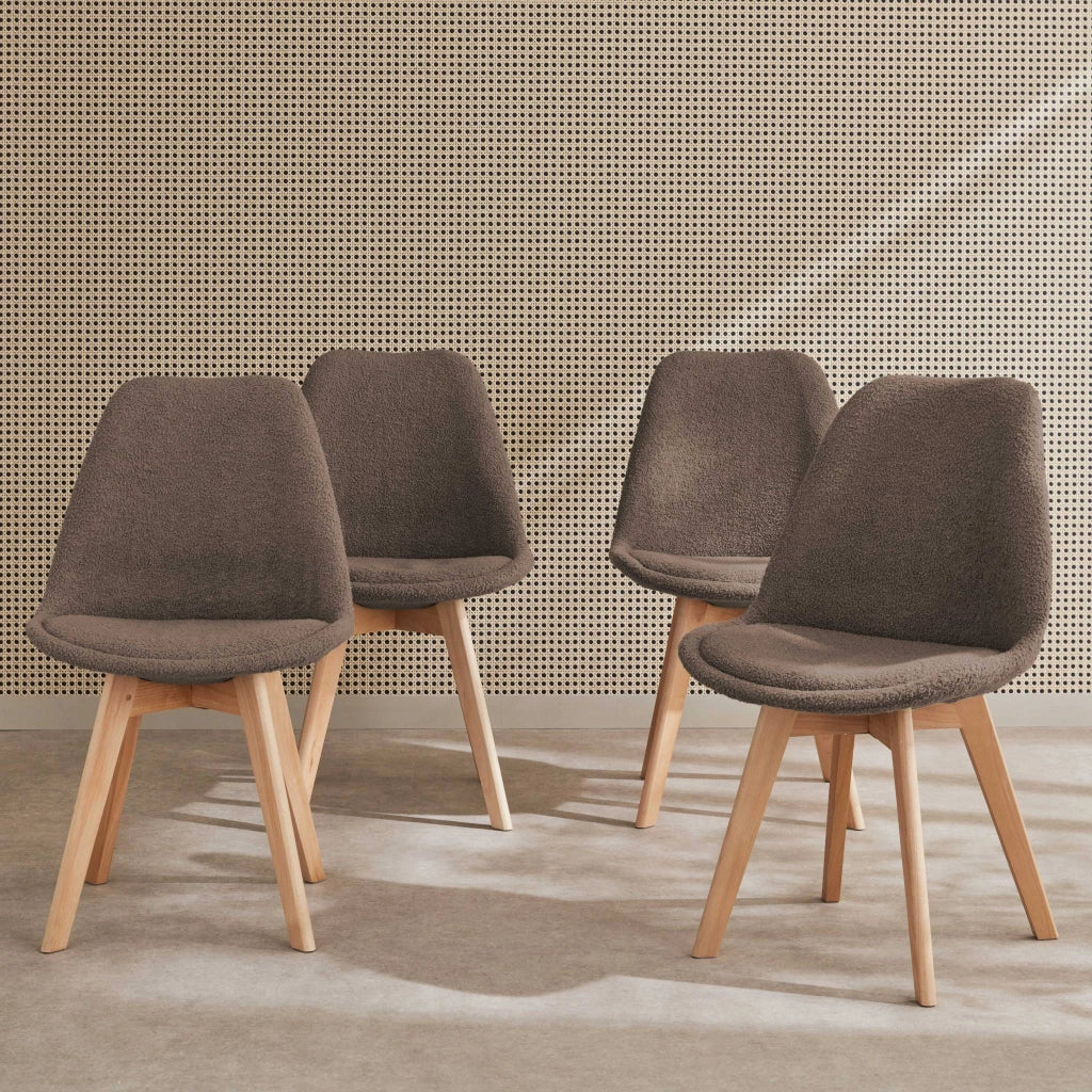 Set 4 sedie scandinave bouclé e gambe in legno, talpa