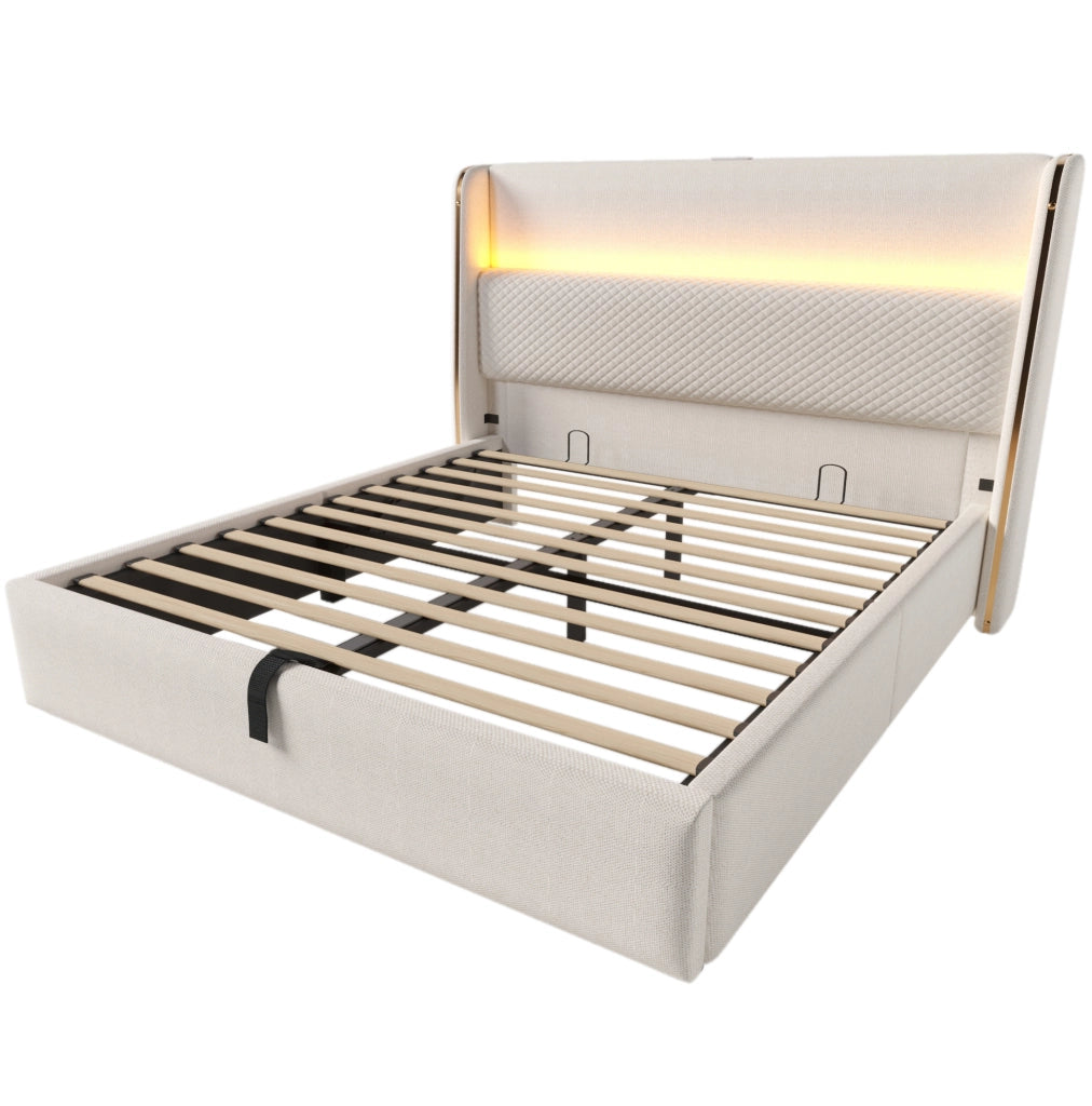 Letto matrimoniale idraulico 140x200 cm con testiera alta; LED; USB e Type-C; beige in lino