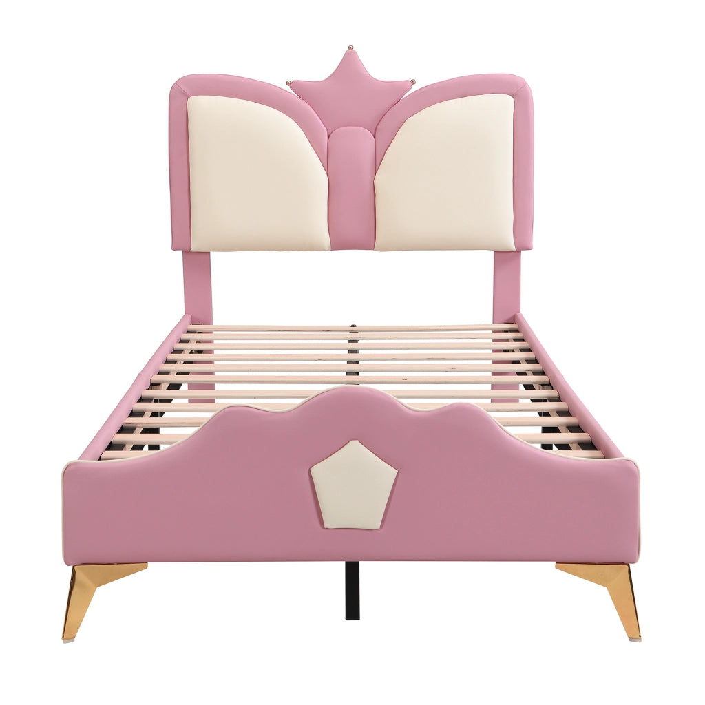 Letto per Bambini 90x200 cm; Singolo - Testiera a Corona e Bordi Imbottiti - PU - Rosa