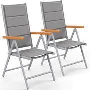 Set di 2 sedie da giardino con schienale alto, Sedia pieghevole in Alluminio, Braccioli in WPC, Schienale trapuntato e regolabile in 7 posizioni, per ristoranti, patii, Grigio argento, 2 PCS