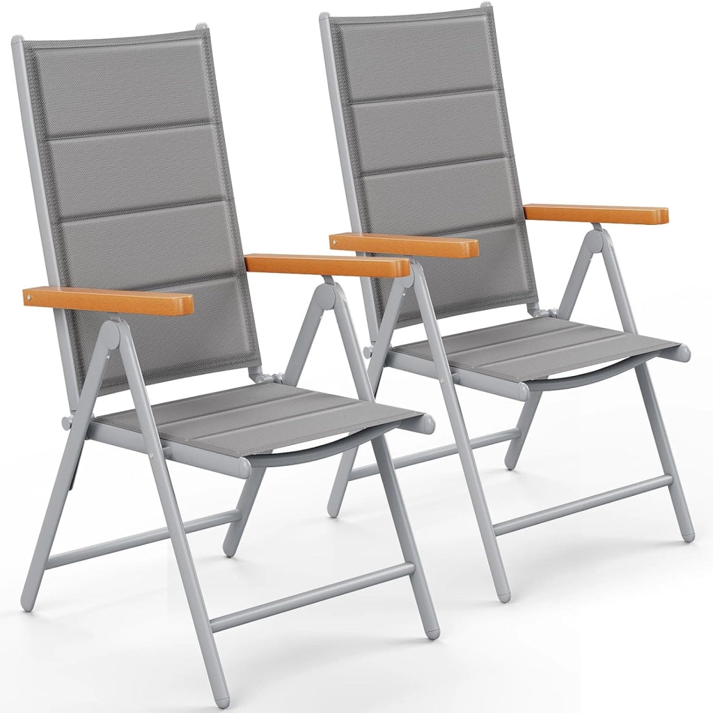 Set di 2 sedie da giardino con schienale alto, Sedia pieghevole in Alluminio, Braccioli in WPC, Schienale trapuntato e regolabile in 7 posizioni, per ristoranti, patii, Grigio argento, 2 PCS