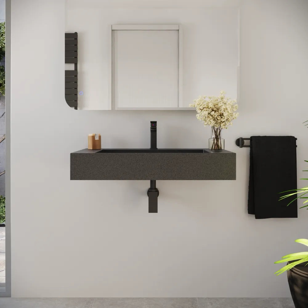 Lavabo sospeso a muro rettangolare 90x48x13 cm cm in microcemento nero | Tasman