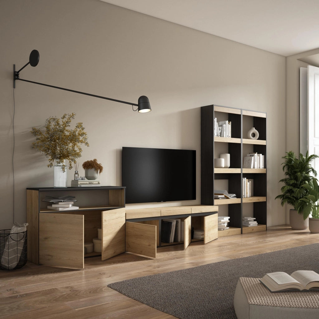 Mobile TV, Soggiorno, 370x35x186cm, Per TV fino a 65", Set di mobili, colore Rovere e nero RF3182