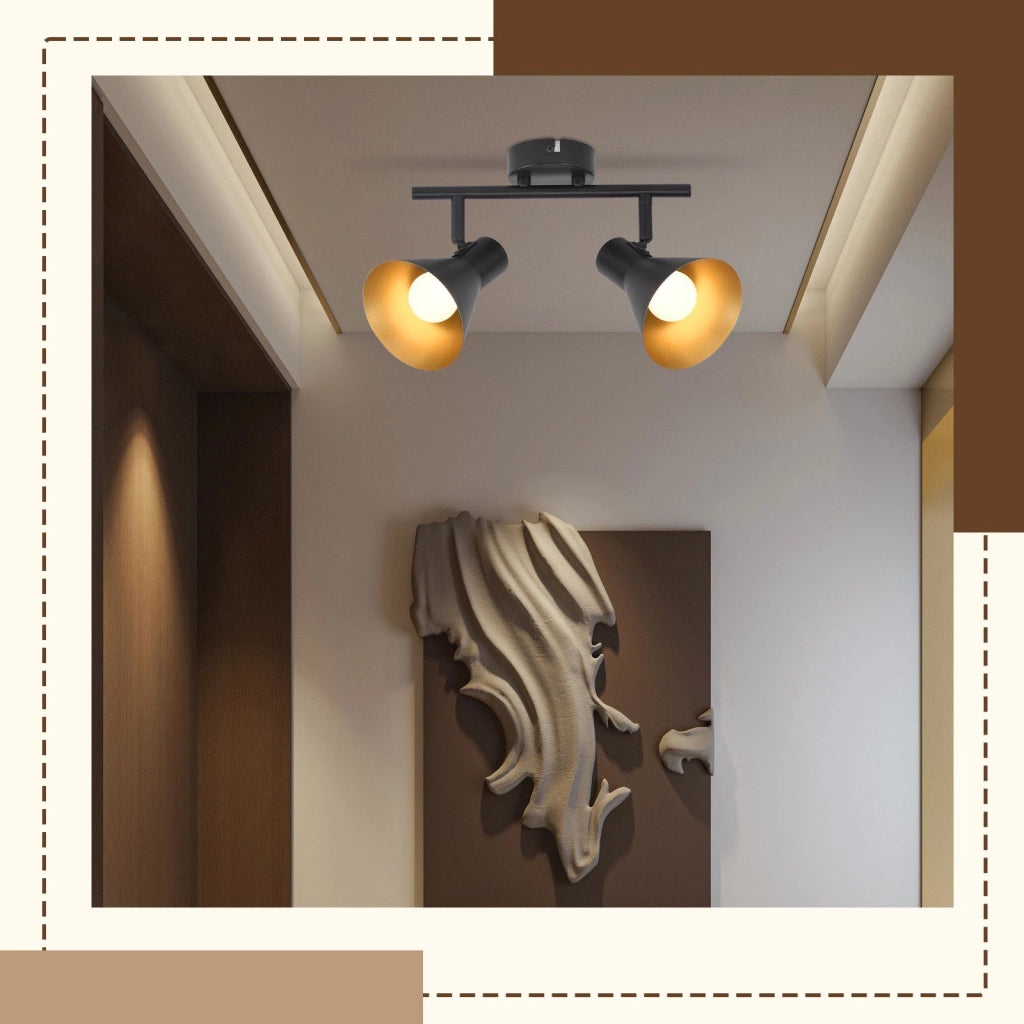 ZMH Faretto da soffitto neri 2 plafoniere 2 lampadine E14 metallo industriale retrò ruotabili 350° per uffici ingressi
