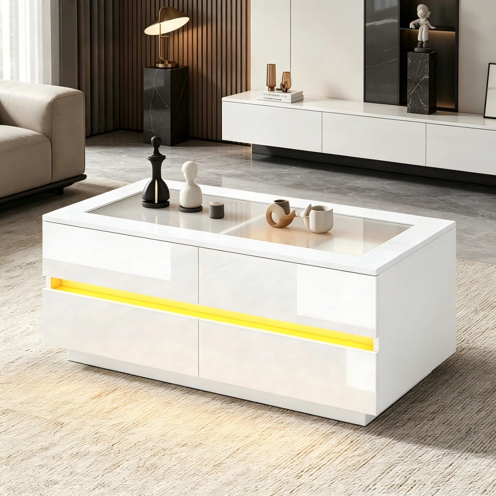 Tavolino da caffè con 4 cassetti e LED per soggiorno in truciolare e vetro 100×50×40 cm bianco